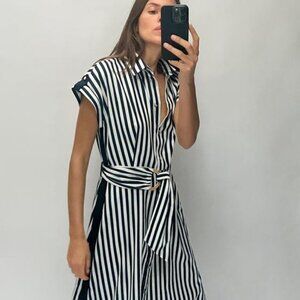 Zara STRIPED LINEN BLEND MIDI DRESS, Size L.